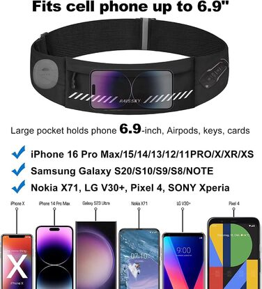 Водонепроникний поясний ремінь для телефону з 3 кишенями, спортивний пояс для бігу, бананка для чоловіків та жінок, чорний (7.0