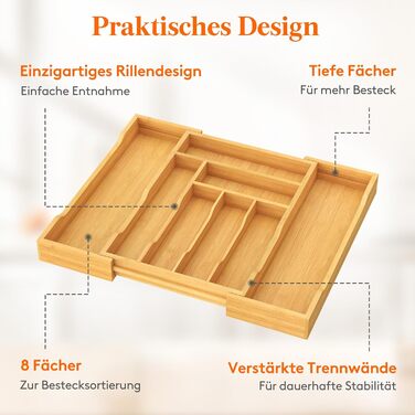 Органайзер для столових приборів Lifewit в шухляду, бамбуковий, 43x31-53x47 см, висувний, для ложок, виделок, ножів