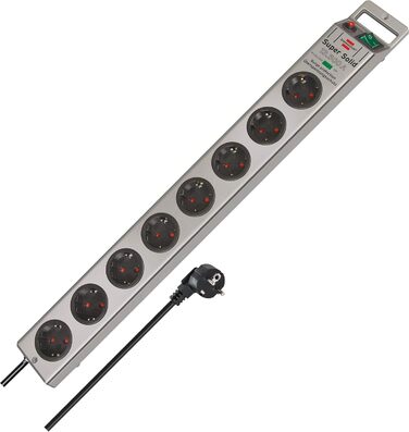 Бренненштуль Super-Solid, мережевий фільтр 8 розеток з захистом від перенапруги (многорозетка з 2,5м кабелем та вимикачем - з ударостійкого полікарбонату) срібний
