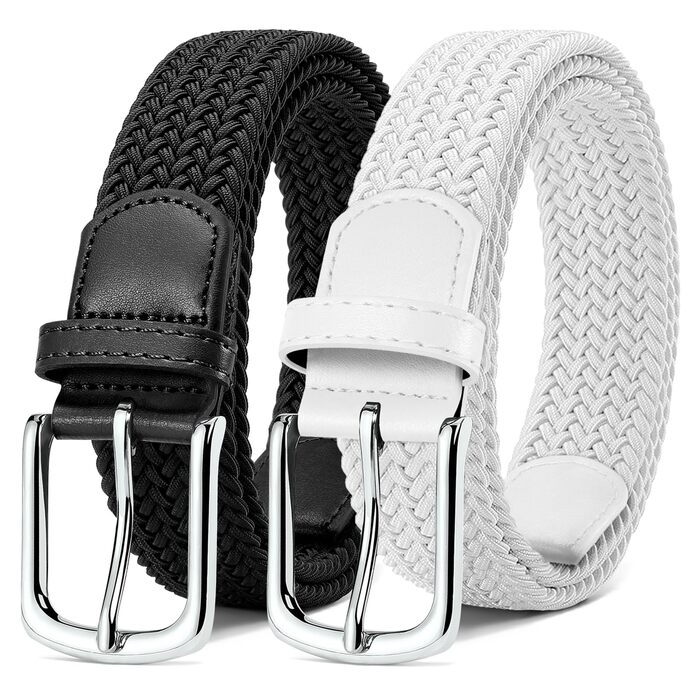 Набір з 2 еластичних плетених ременів для жінок та чоловіків – регульовані, 3,3 см, довжина 100-120 см (Чорний + Білий, довжина 110 см)