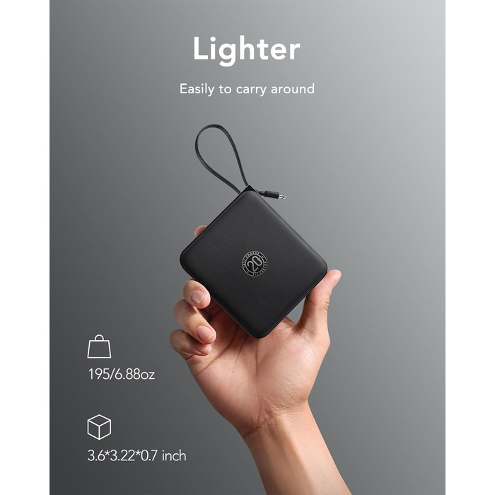 Power Bank VRURC 10000mAh з кабелем: компактний павербанк USB-C, швидка зарядка 22.5W, LED-дисплей, сумісний з iPhone, Huawei (зелений, чорний)