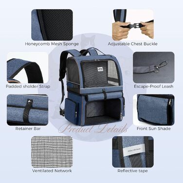 Подвійний рюкзак для котів на 2 котів - великий переносний рюкзак для котів/собак до 11 кг - блакитний