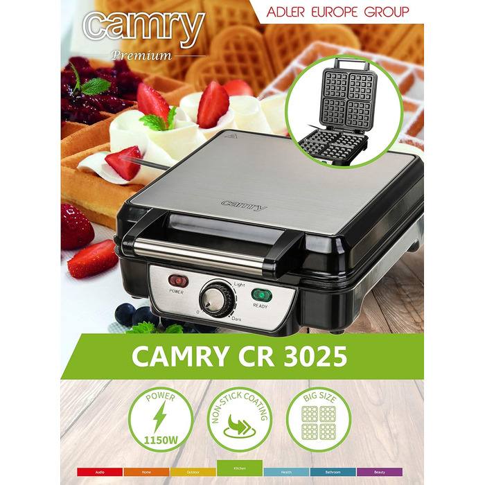 Adler Camry 4-Waffle Maker - 1500W Power, Adjustable Temperature, Black & Silver