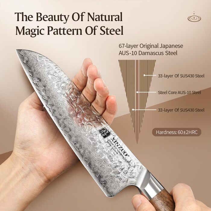 Японський кухонний ніж XINZUO Santoku з дамаської сталі (AUS-10) - професійний ніж шеф-кухаря з чорним дерев'яним руків'ям з горіха