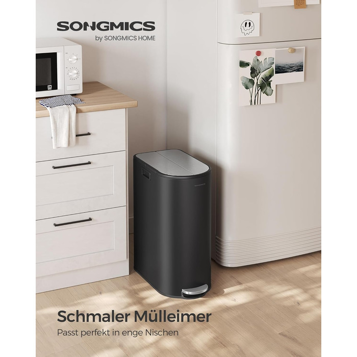 SONGMICS Відро для сміття кухонне, сортувальник 2 відділення, 30 л та 20 л, вузьке, з педаллю, для переробки та сміття, з двома кришками, білий + металік