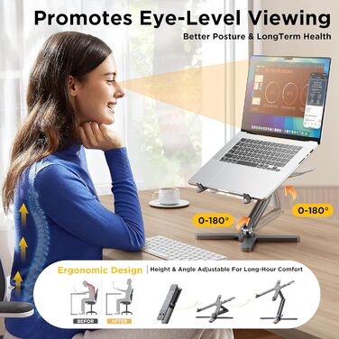 Підставка для ноутбука FoldWise X - алюмінієва, 360° обертання, складна, регульована висота та кут нахилу - стабільна та портативна підставка для ноутбука, MacBook та комп'ютера 11-18 дюймів, сіра