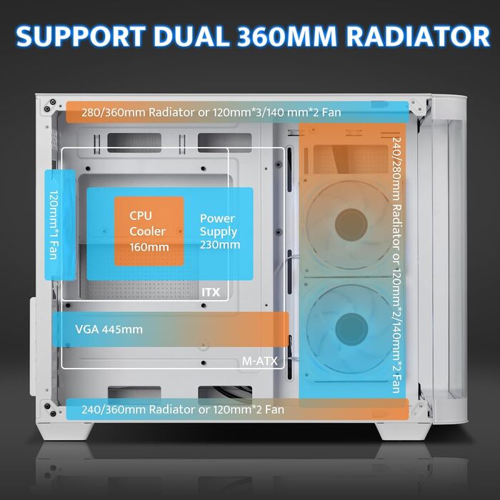 darkFlash ATX корпус для ігрового ПК з 4 ARGB вентиляторами, скло для повного огляду, 2 відсіки, Typ-C, підтримка 2x360 AIO, (DPW90)