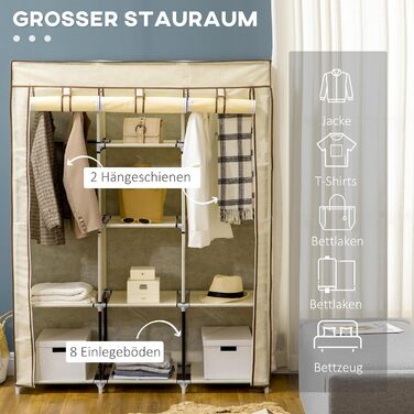 HOMCOM Closet, Fabric Wardrobe with Drawers, Clothes Rail and Zipper, Fabric Clothes Closet Folding Wardrobe for Bedroom, Dressing Room, 102 x 42.5 x 162.5 cm, (Cream White, 125L x 43W x 162.5H cm)