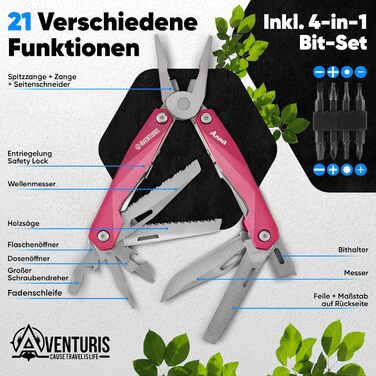 AVENTURIS® Multitool. Great multi-function tool as bicycle accessory or outdoor gear, a multitool tool as men's gifts or Leatherman multitool green (Personalized, Pink)