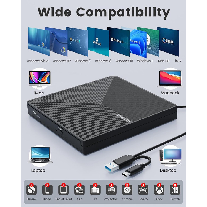 Зовнішній DVD-привід ORIGBELIE USB 3.0 та Type-C, портативний DVD-записувач для ноутбука та ПК