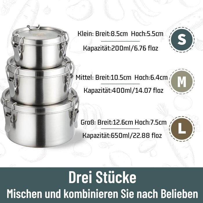 Stainless Steel Lunch Box (3 Pack) Adult Food Containers, Kids Lunchbox, Stainless Steel. Suitable for snacks, fruit, cereal, soups, and main meals, etc.