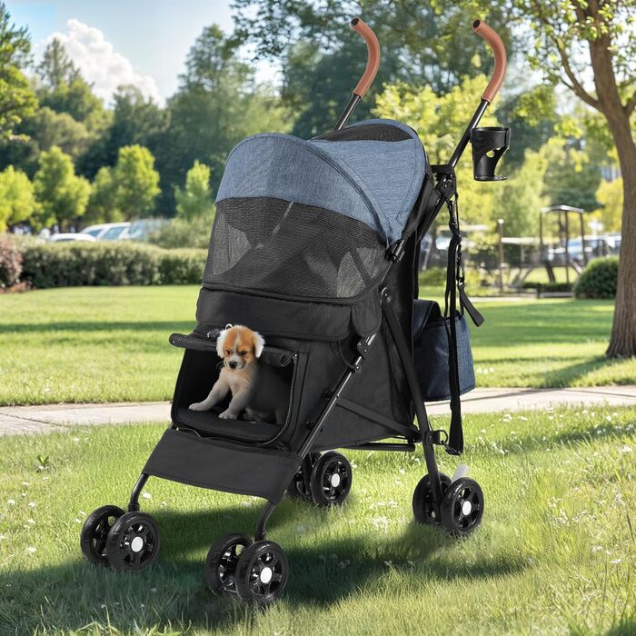 Візок для собак та котів DWVO, до 11,3 кг, складний, з подушкою та кошиком для зберігання, блакитно-чорний (45x80x103 см)