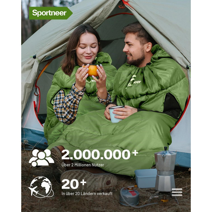 Спальний мішок Sportneer Outdoor для дорослих, теплий багатосезонний (3-4 сезони) для кемпінгу та подорожей, 220x85 см, зелений (температурний режим 10-26 °C)
