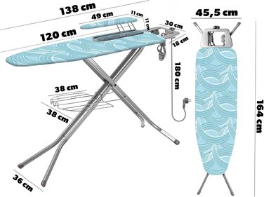 Прасувальна дошка KADAX 120x30 см з підставкою для рукавів 49x11 см, стійкий прасувальний стіл для парогенераторів, складаний, з регулюванням висоти та термостійкою підставкою, колір Mint