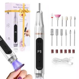 Портативний фрезер для нігтів бездротовий 12 в 1 Професійний електричний набір для манікюру та педикюру USB, перезаряжається, 9 швидкостей, 20000 об/хв, срібний