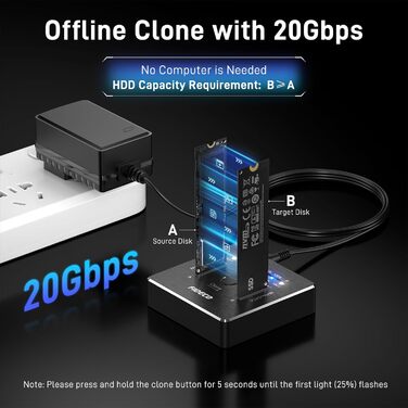 Док-станція для SSD FIDECO M.2 NVMe SATA, USB 3.2 Gen 2 (20Gbps), алюмінієвий корпус, підтримка клонування, UASP, TRIM