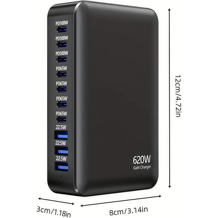 Зарядний пристрій USB-C 620W, 10 портів: Швидка зарядка PD PPS 100W, USB-C для MacBook Pro/Air, iPad, iPhone 16/15/14/13/12 Pro Max, Samsung