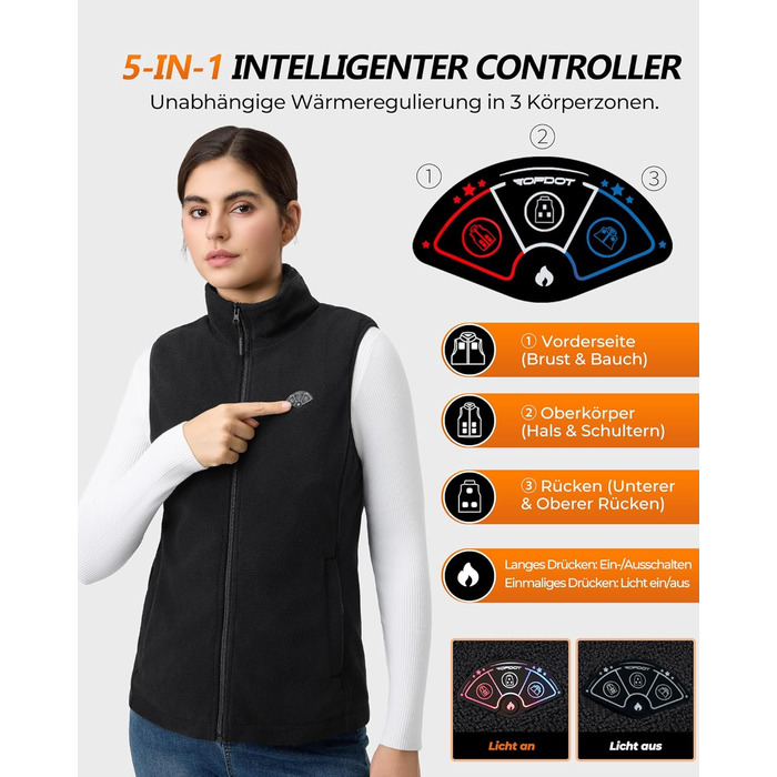 Електрична гріюча жилетка Topdot для жінок з флісу з Powerbank 7.4V 16000mAh, 10 зон нагріву, 3 температурні режими, для велоспорту, кемпінгу та outdoor-робіт, чорна, розмір M