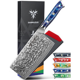 SANMUZUO Nakiri Messer 19 см - професійний ніж шеф-кухаря Дамаск, серія Xuan, VG10 сталь, ручка з гірської смоли (Dream Orange)
