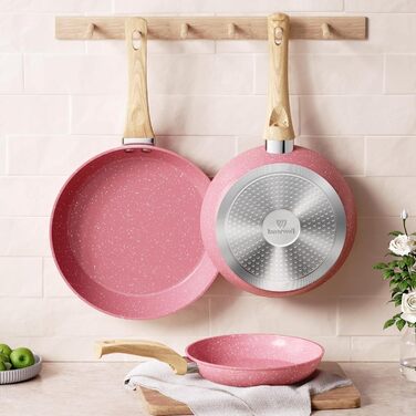 Сковорода Innerwell з антипригарним покриттям 20 см, для індукційних плит, керамічне покриття, професійна якість, для омлетів, гранітна сковорода, можна використовувати в духовці, без PFOA, придатна для миття в посудомийній машині, рожевого кольору