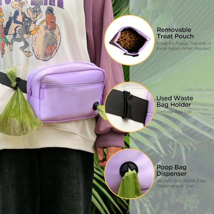 Сумка для собак з карабіном, сумка для тренування цуценят з відділенням для ласощів та контейнером для відходів, сумка для перенесення кормів для тварин з регульованим поясом (фіолетовий)