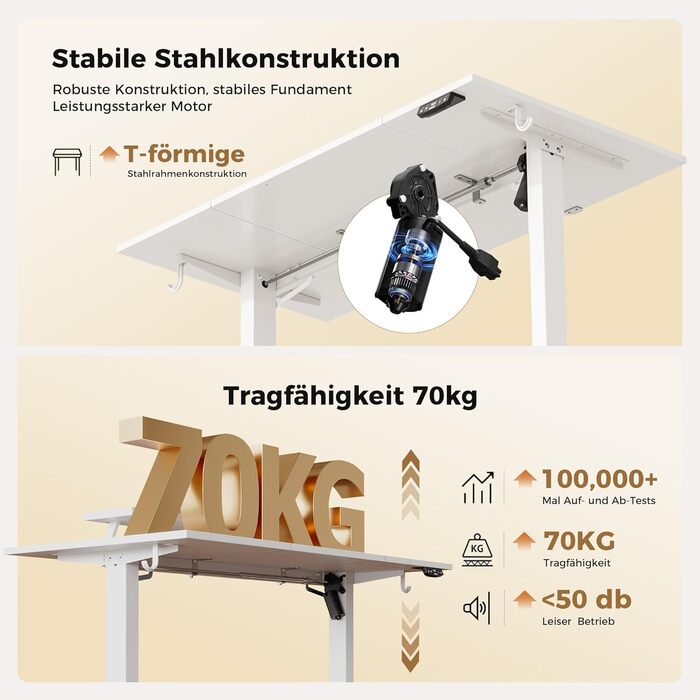 Електричний регульований стіл Agilestic з підсвічуванням, USB-портом та мобільним кріпленням для монітора, 140 x 80 см (Білий)