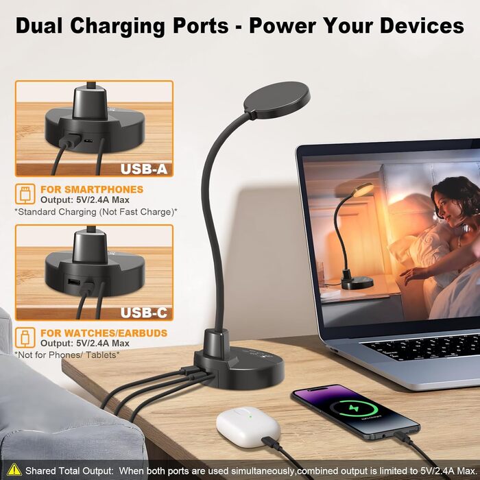 LED настільна лампа 15W з USB-A та USB-C, диммування, 3 колірні температури, 5 рівнів яскравості, таймер, гнусий 360° шийка, захист для очей, для офісу та спальні - Чорний, 3.5 дюйми