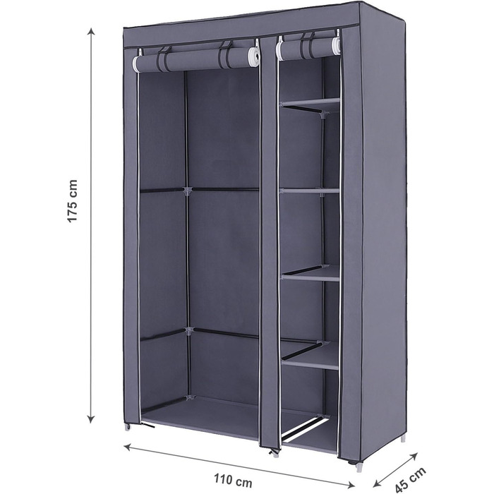 SONGMICS Fabric Closet, XL, Wardrobe, Folding Closet, Camping Closet with Clothes Rod, 110 x 175 x 45 cm, LSF007 (Gray)