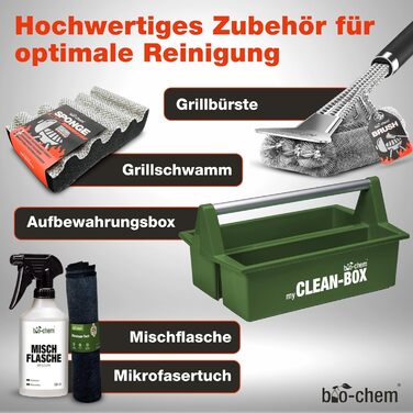 Bio-Chem Grill Cleaning and Care Set Professional Box 9-Piece: Smoke Residue Remover 1L (including spray bottle) + BBQ Cleaner 750ml + Stainless Steel Cleaner 750ml + Foam Sprayer + Grill Brush & Grill Sponge