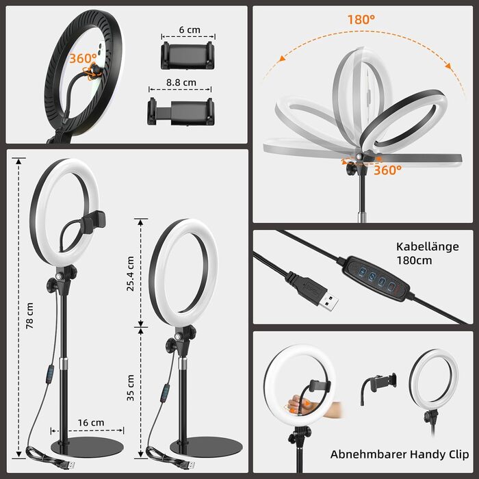 Кільцева лампа Evershop 10.5” з штативом для телефону/ноутбука: відеоконференції, стрімінг, YouTube, TikTok, LED, 3 кольори, 10 рівнів яскравості, 360° обертання