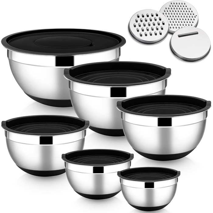 HaWare Mixing Bowl Set of 6, Stainless Steel Bowl Salad Bowl Set with Airtight Lid & 3 Grater Attachments, 4.6L/2.8L/2.5L/1.6L/1.2L/0.7L, Non-Slip Silicone Bottom & Dishwasher Safe, Black