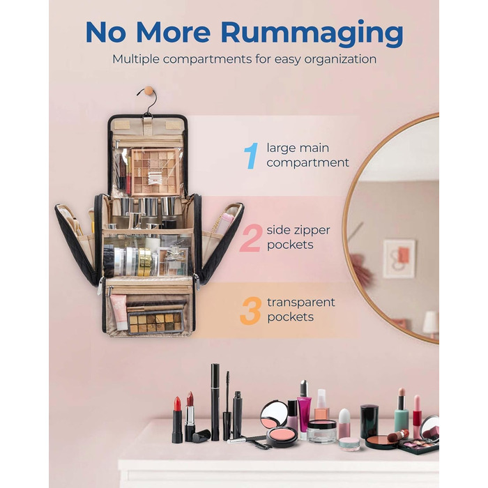 Органайзер для косметики BAGSMART, велика косметичка для жінок, чорний, з петлею для підвішування
