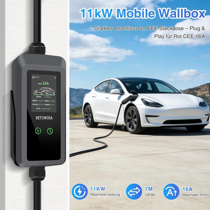 Настінний зарядний пристрій (Wallbox) 11 кВт, 3 фази, 8-16A, з регулюванням потужності, IP65 водонепроникний – для Tesla Model Y/3, VW ID.3/4/5, MG4, EX30 та всіх електромобілів/гібридів (7м)