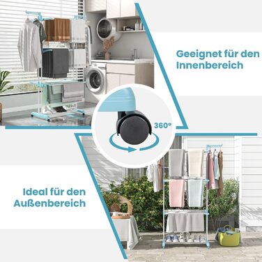 Сушарка для білизни GOPLUS 4-рівнева розкладна з 2 тримачами для вішалок, 3 висувними полицями, полицею для взуття та 4 колесами для використання в приміщенні та на вулиці (Блакитна)