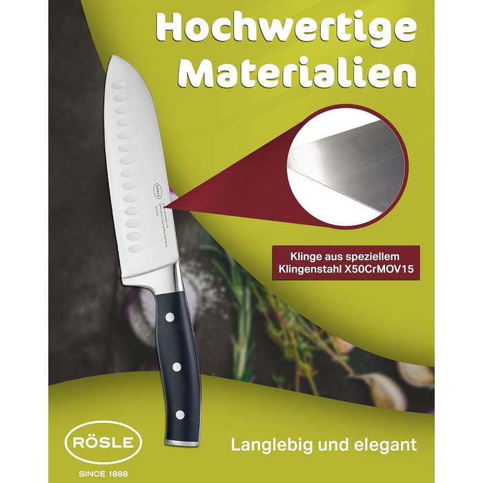 Кухонний ніж RÖSLE Santoku 17,5 см з куленшліфом, ергономічна ручка, для м'яса, риби та овочів, японська форма леза, преміум якість