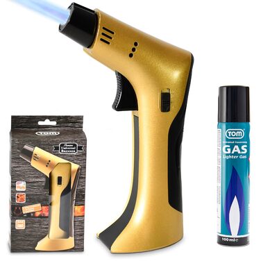 Набір кулінарного пальника TOM Jetflame (Золотий) з балоном бутану: професійний газовий пальник з замком безпеки для кухні, кемпінгу та майстерні, багаторазовий