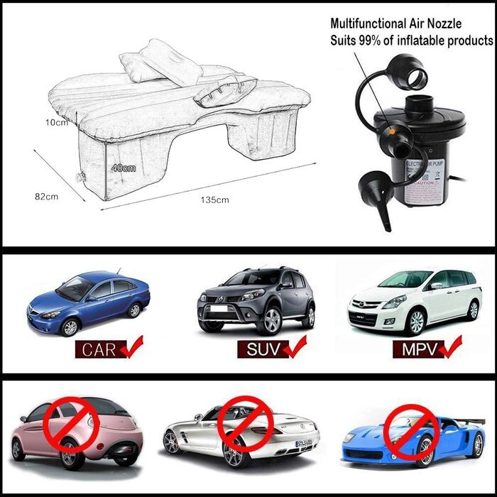 Надувний матрац Vinteky для автомобіля з електричним насосом, 140x90x45 см, чорний (для кемпінгу, подорожей)