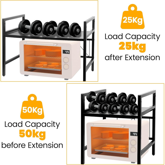 Регульована полиця для мікрохвильової печі, 2-ярусна, розширювана полиця для кухні з вуглецевої сталі з 8 гачками, підставка для кухонного приладдя, стійка для мікрохвильової печі та органайзер для кухні