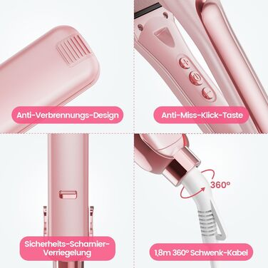 Dekuri 42mm Ceramic Hair Straightener & Curling Iron - Pink - Adjustable Temperature 120°C-230°C