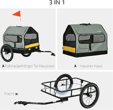 PawHut 3-в-1 Причіп для собак, будиночок для тварин, вантажний причіп для велосипеда, візок для собак з відбивачами, для малих собак до 10 кг, Оксфорд, сірий