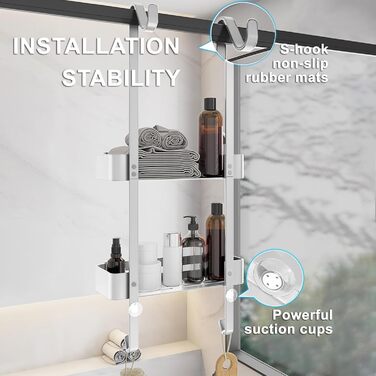 AIGOCITY Shower Shelf for Hanging Without Drilling for Glass Shower Doors, Silver, with 6 Hooks for Frameless Glass Door, Stainless Steel