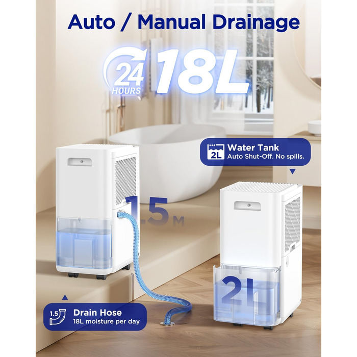 EasyAcc Електричний осушувач повітря 1200мл, 18л/день, тихий, портативний, з автовимкненням та режимом сну для дому та офісу (білий)