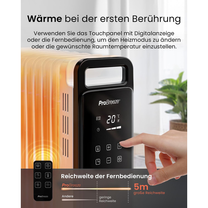 Pro Breeze 2500W Oil Radiator with 11 Fins, Electric Heater - Energy-Saving Oil Radiator, 3 Heating Levels, Adjustable Thermostat, 24h Timer, Touch Display & Safety Shut-Off Function White - No App