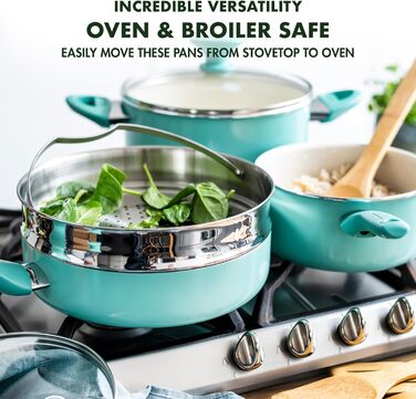 GreenPan Rio Healthy Ceramic Non-Stick 16-Piece Cookware Set with Frying Pans, Sauce Pans, PFAS-Free, Stay-Cool Handle, Oven Safe up to 160°C, Dishwasher Safe, Turquoise & Crème Cookware Set 16-Piece Turquoise & Crème