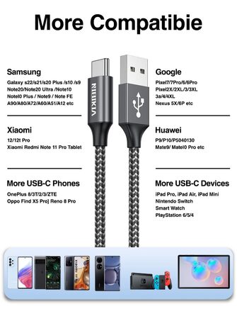 Кабель USB-C 3.1A з нейлону, 3M+3M (сірий) для Samsung Galaxy S23, S22, S21, S20, S10, A53, A52, A33, A34, A20e, A14, A13 та інші моделі