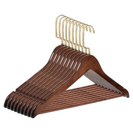 Набір дерев'яних вішаків для одягу RSR-Hangers, 10 шт, коричневі, з перекладиною для штанів, 44.5 см, поворотний золотистий гачок