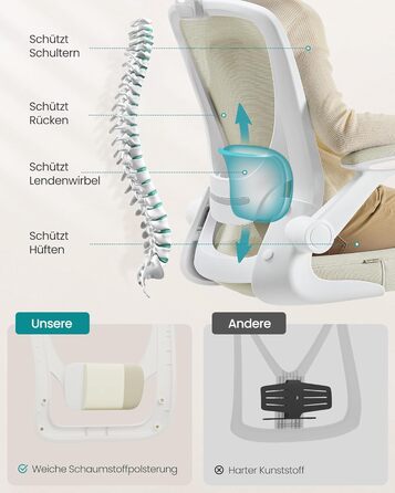 Офісне крісло SONGMICS ергономічне, поворотне з сіткою, підтримка попереку та голову, функція гойдання, ширина сидіння 53 см, відкидні підлокітники, для офісу та спальні, студентів, кольору капучино OBN047K01