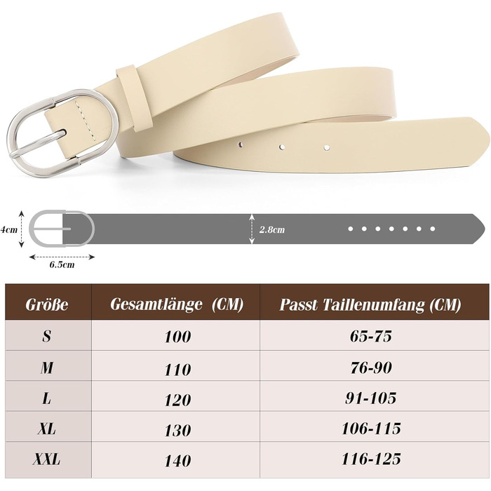 Ремінь шкіряний WHIPPY унісекс, срібна пряжка, бежевий (D-beige), розмір M (76-90 см, довжина 110 см)