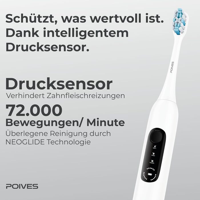 Електрична зубна щітка POIVES P1 Pro з датчиком тиску, 72000 рухів, гарантія до 4 років, 111 днів без ризику, довга тривалість роботи акумулятора, колір Midnight Blue (P1 Pro Silk White)