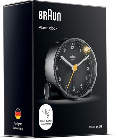 Braun Classic Analog Alarm Clock with Snooze Function and Light, Silent Quartz Movement, Crescendo Alarm in Black, Model BC01B.